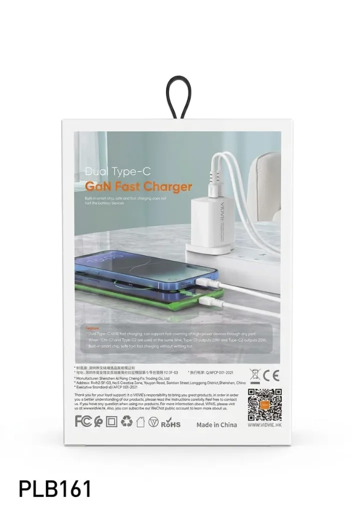 VIDVIE 45W Wall Charger – PLB161 with 2 Type-C Ports, Includes Type-C Cable-1.webp