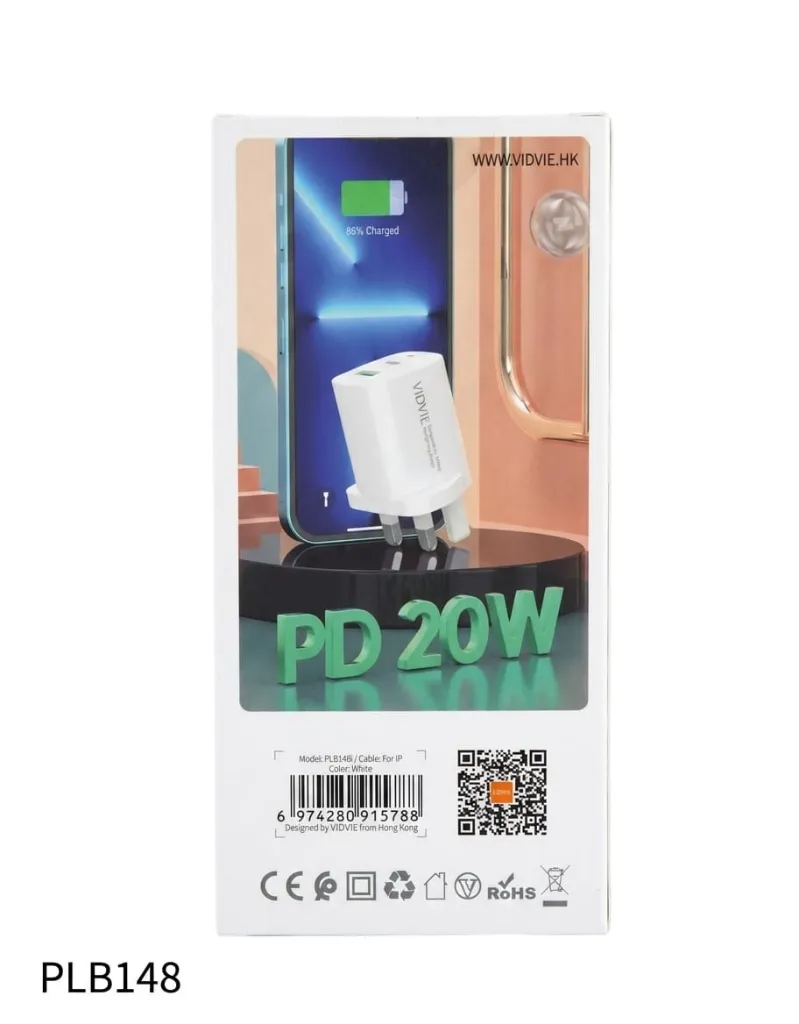 VIDVIE 20W Wall Charger – PLB148 with Type-C & USB Ports, Includes iPhone Cable-2.webp