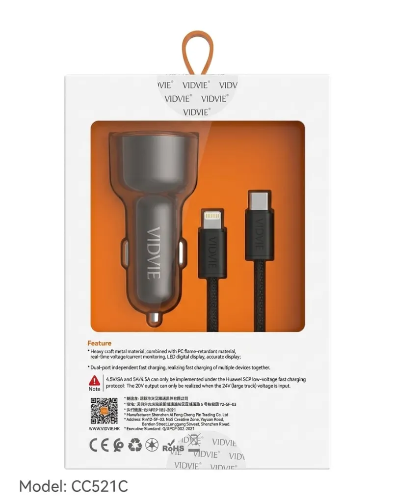 VIDVIE CC521C CAR CHARGER PD CBL TC -1TO IP 45W.webp