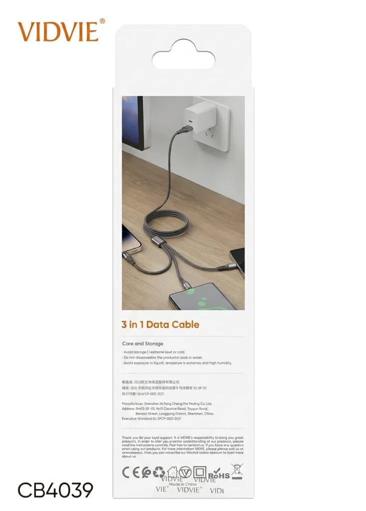 VIDVIE CABLE CB4039 3 IN 1 USB-A TO IP+TC+TC BLACK-1.webp