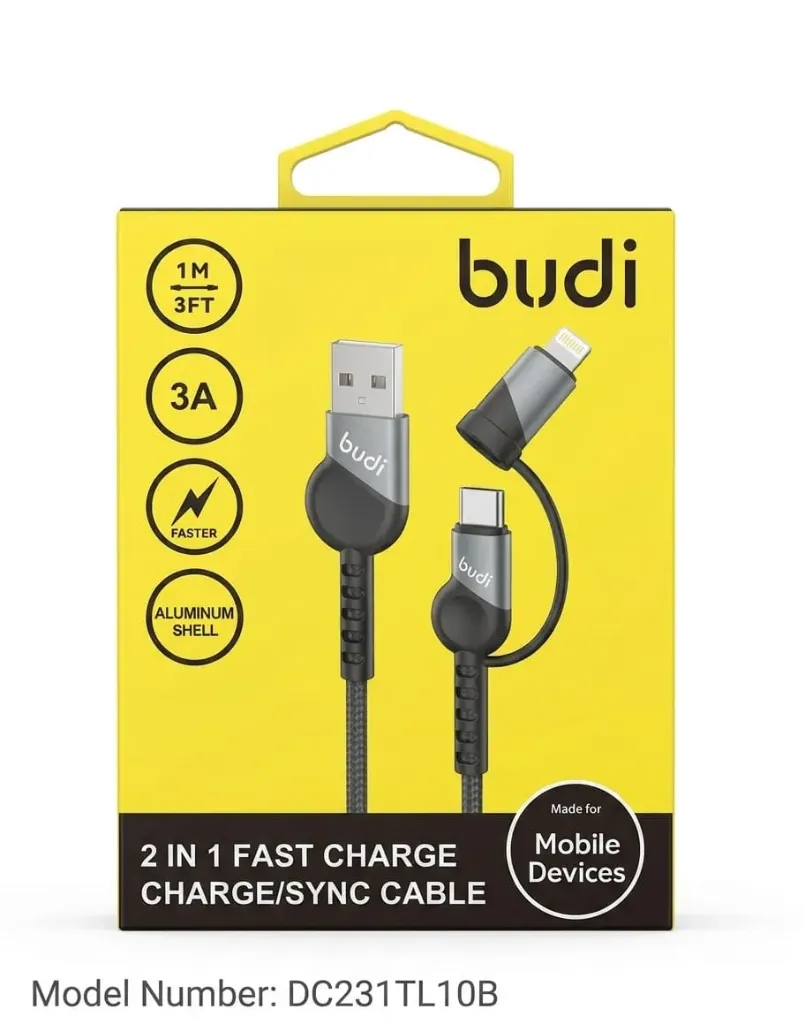 CHARGE/SYNC CABLE 2 IN 1 BUDI DC231TL10B