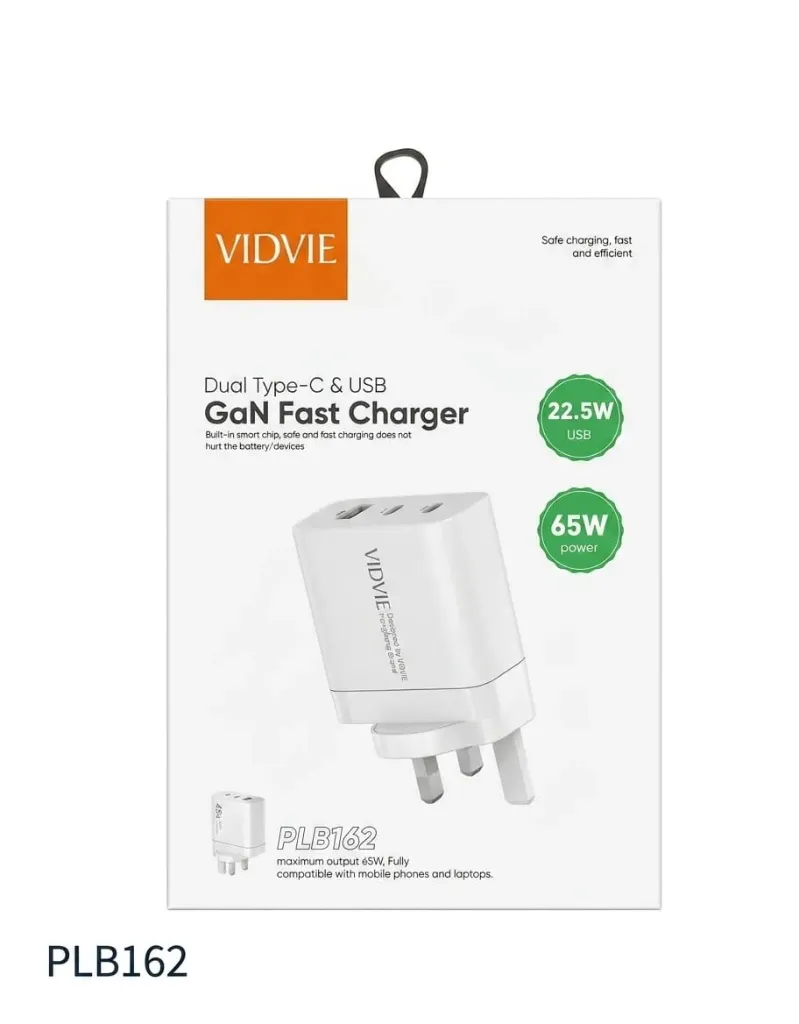 VIDVIE 65W Wall Charger – PLB162 with 2 Type-C & USB Ports, Includes Type-C Cable