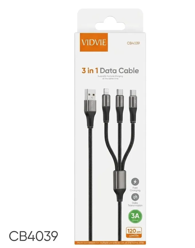 VIDVIE CABLE CB4039 3 IN 1 USB-A TO IP+TC+TC BLACK