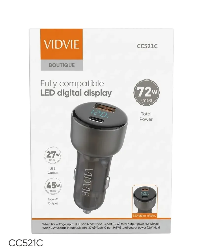VIDVIE CC521C 45W Fast Car Charger with Type-C to iPhone Cable